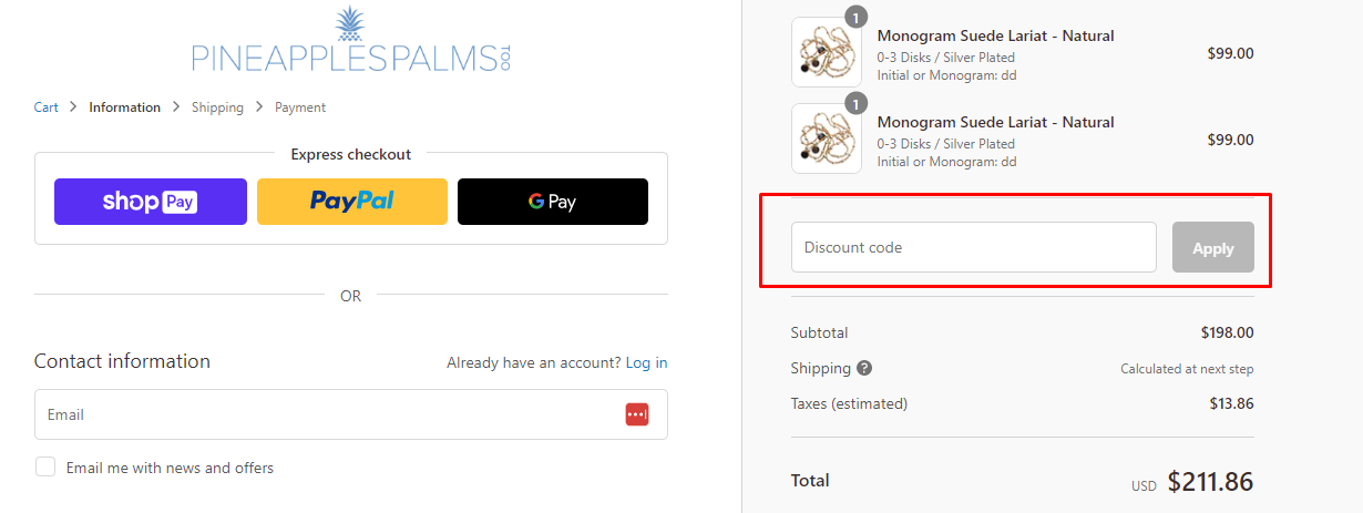 How do I use my Pineapples Palms Too discount code?