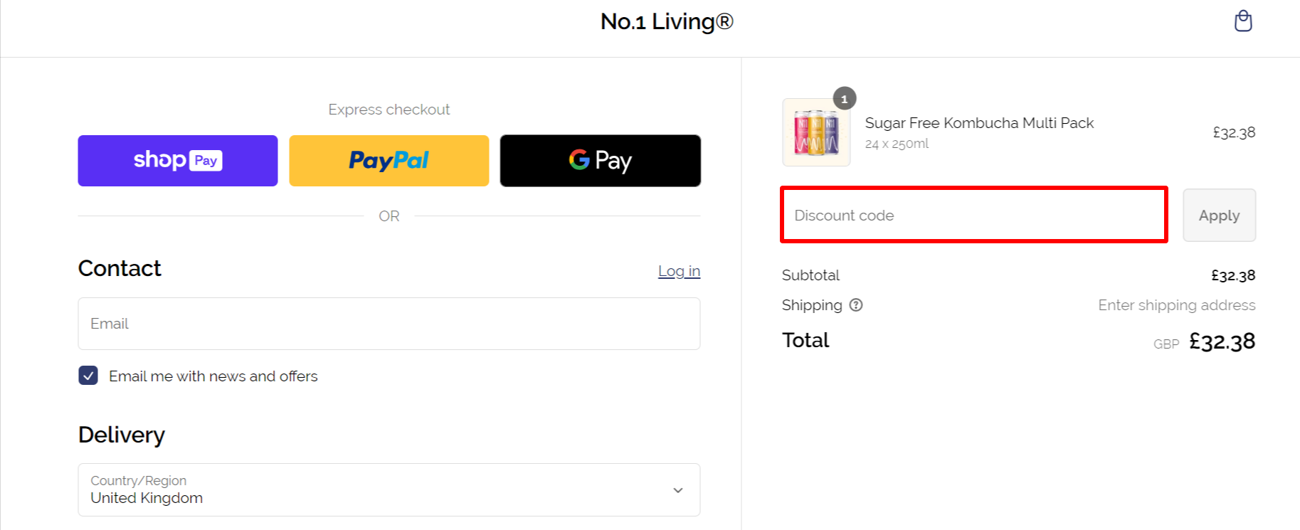 The checkout page shows a highlighted red box where to add a No.1 Living discount code.