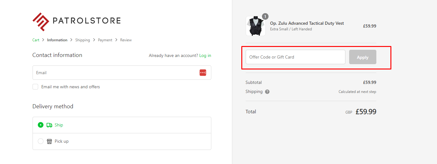 How do I use my Patrol Store  Offer code or Gift card code?