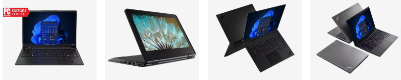 four distinct laptops displayed at Lenovo for customers, all the laptops have white backgrounds