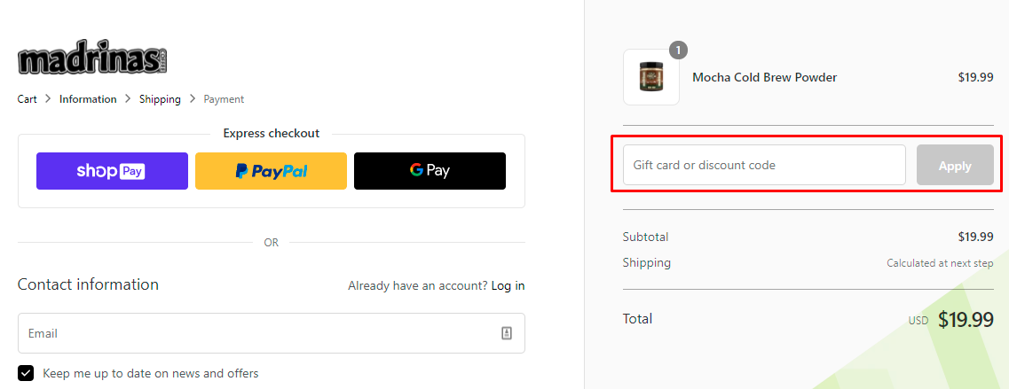 How do I use my Madrinas Coffee discount code?