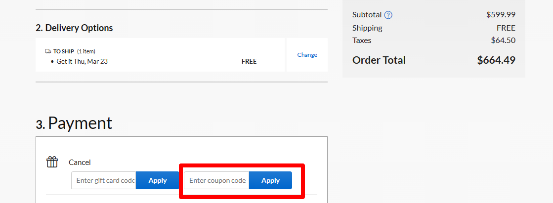 Checkout page with all the prices and the Adorama coupon in a red box