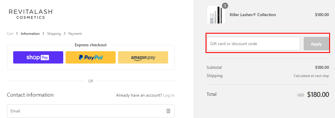 How do I use my Revitalash Cosmetics discount code?