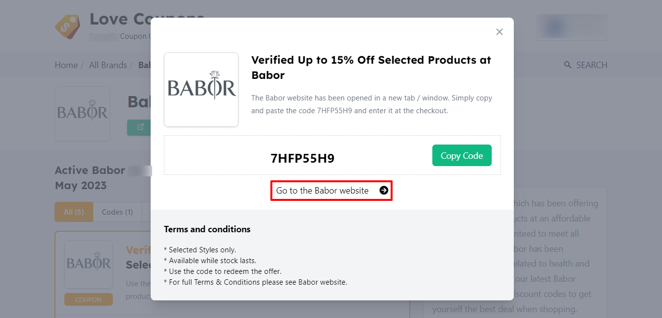 LoveCoupons sites available Babor promo codes with a red box showing how to get to the brands website