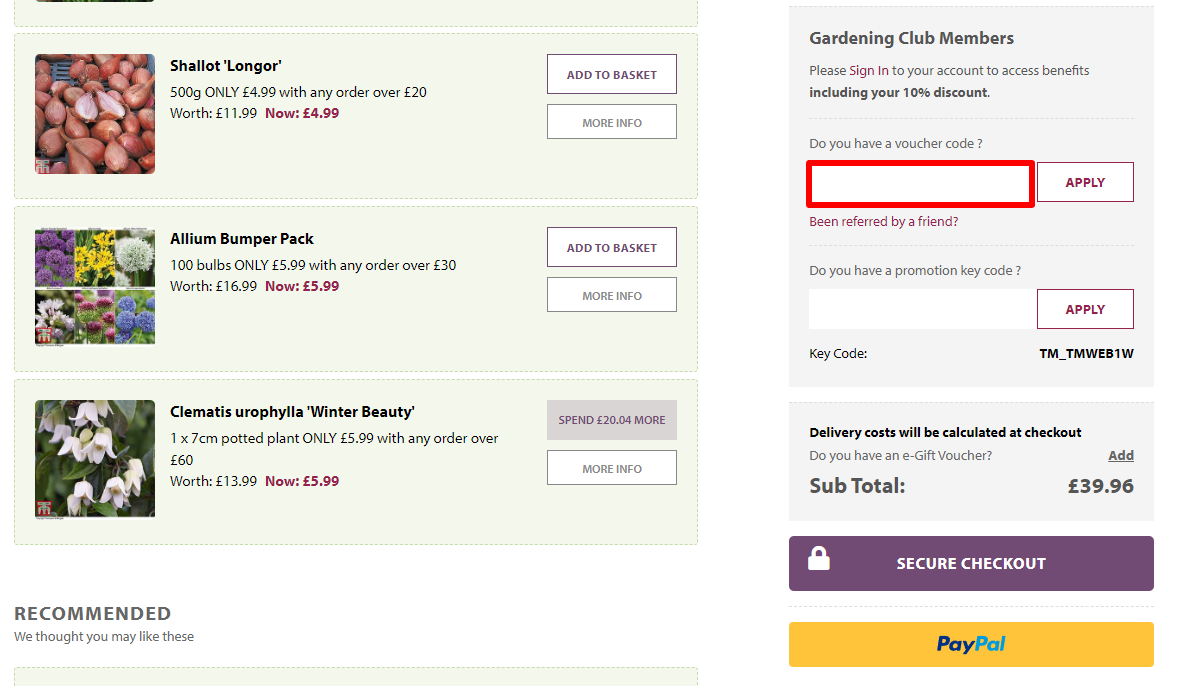 The brand checkout page with where to add the Thompson & Morgan voucher code highlighted with a red box