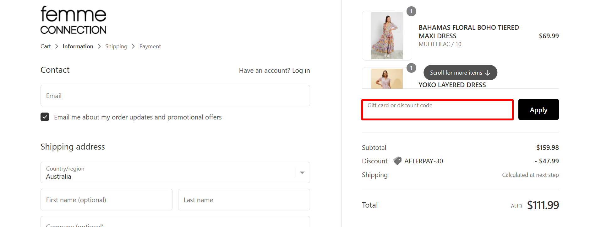 The brand checkout page with where to add the Femme Connection discount code highlighted with a red box