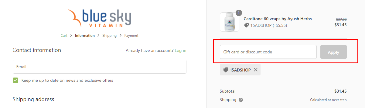 How do I use my Blue Sky Vitamin discount code?