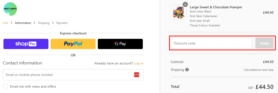 How do I use my Sweet Hamper Company discount code?