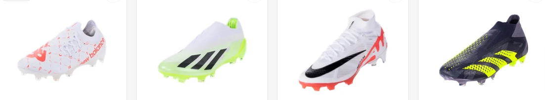 A collage of white New Balance, white Adidas, white Nike and black Adidas soccer boots