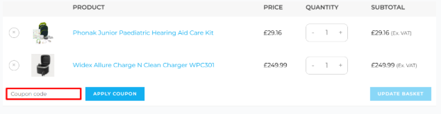 A box where you can add your Hearing Aid Accessories voucher code to redeem it