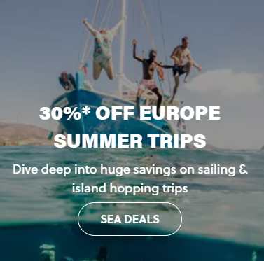 A 30% off a trip to Europe in summer picture with people jumping into the ocean