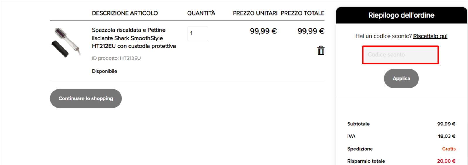 carrello con un articolo da comprare, in cui poter risparmiare con un codice sconto Shark