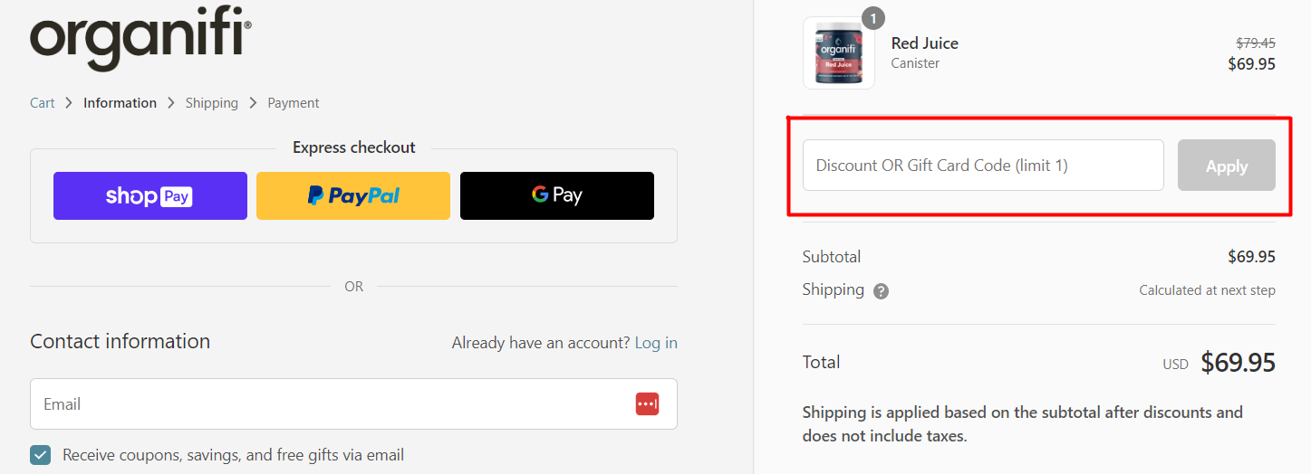 How do I use my organifi discount code?