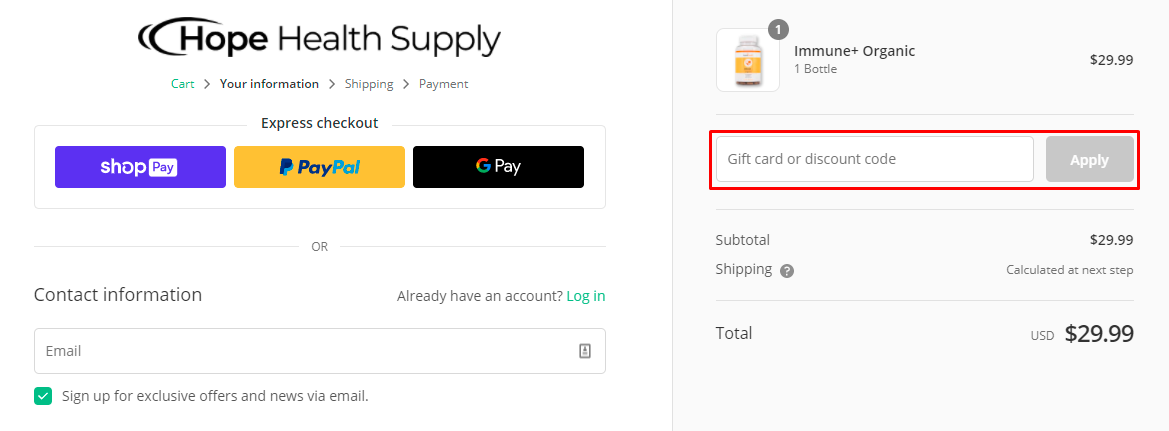 How do I use my Hope Health Supply discount code?