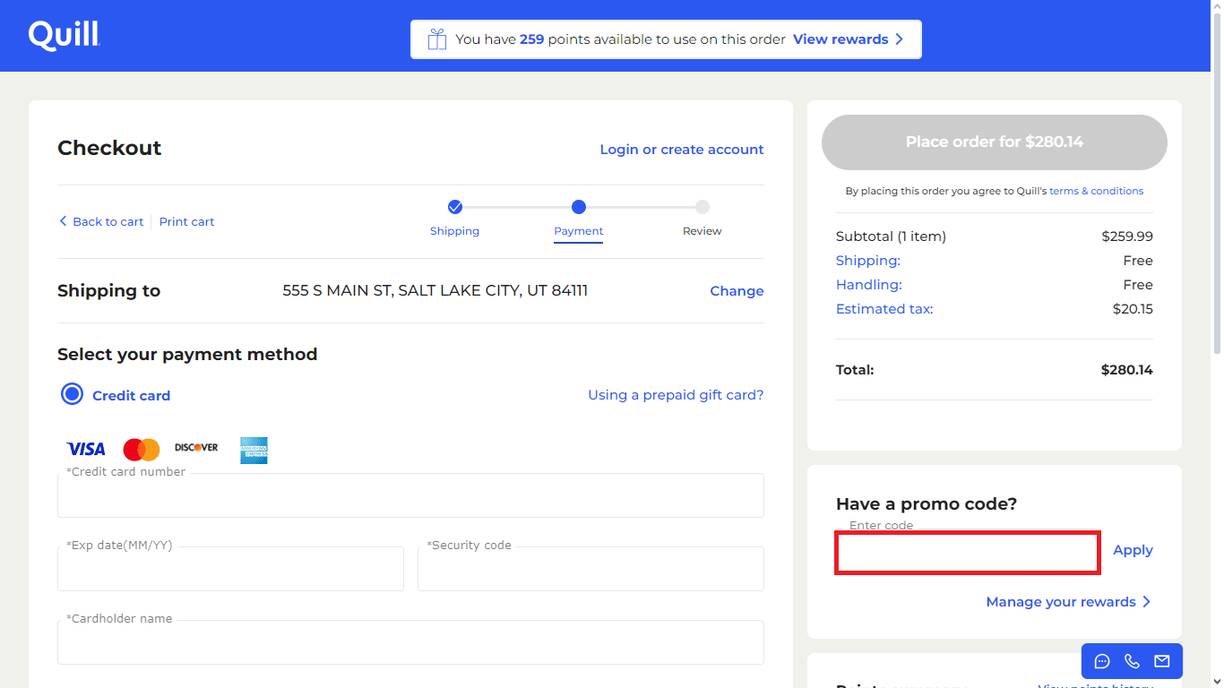 Quill's checkout page showing where the Quill coupon code is to be inserted, bordered in red.