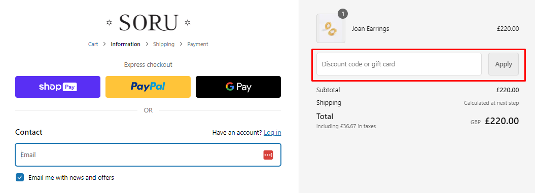 How do I use my Soru Jewellery discount code?