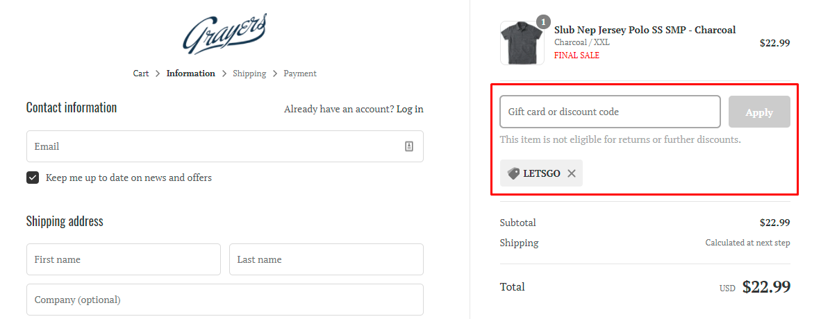 How do I use my Grayers discount code?