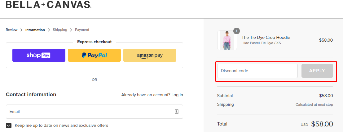 How do I use my BELLA+CANVAS discount code?