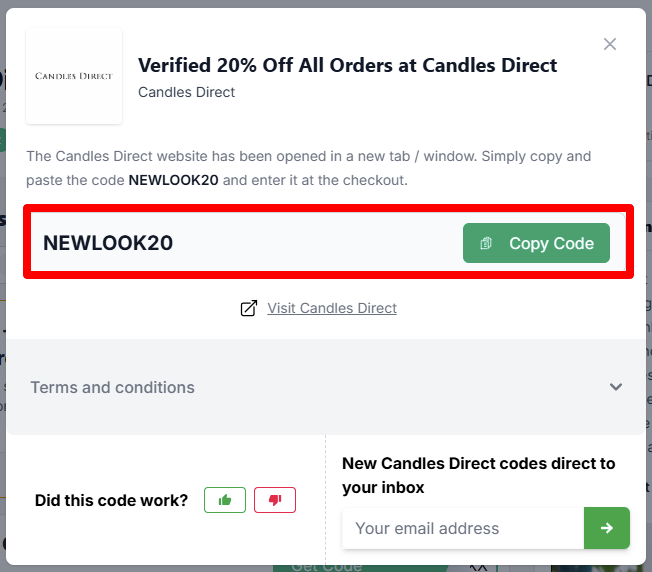 Copy your voucher code and visit Candles Direct website to start shopping