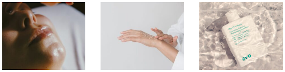 Drei Bilder mit Personen und Beauty-Produkten