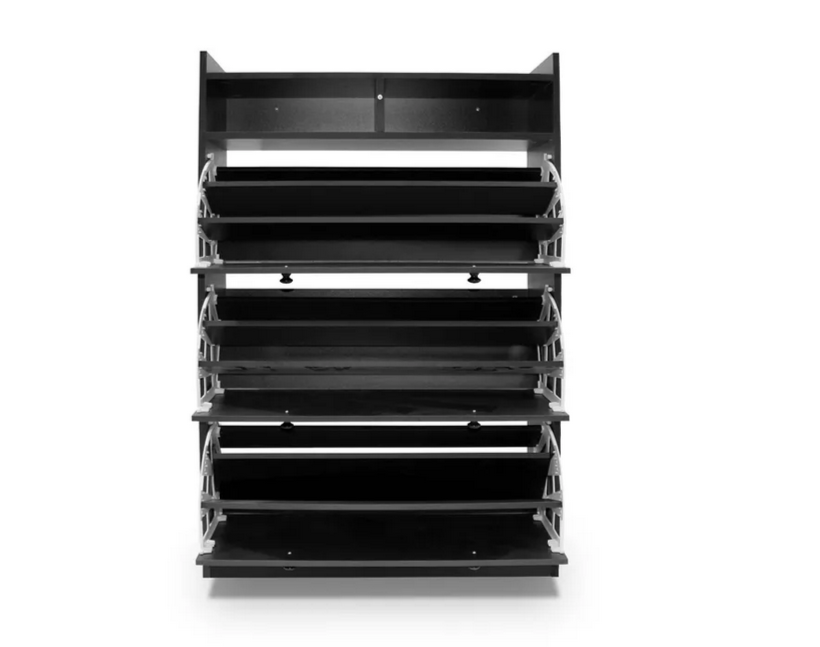 a 45 pair wood Shoe Cabinet Rack Storage Shelves in Black Finish on a white background