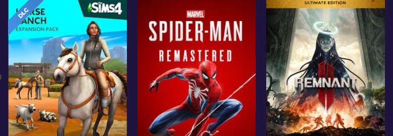 A collage showing horse ranch expansion pc/mac, marvel's spiderman remastered and remnant II Ultimate edition