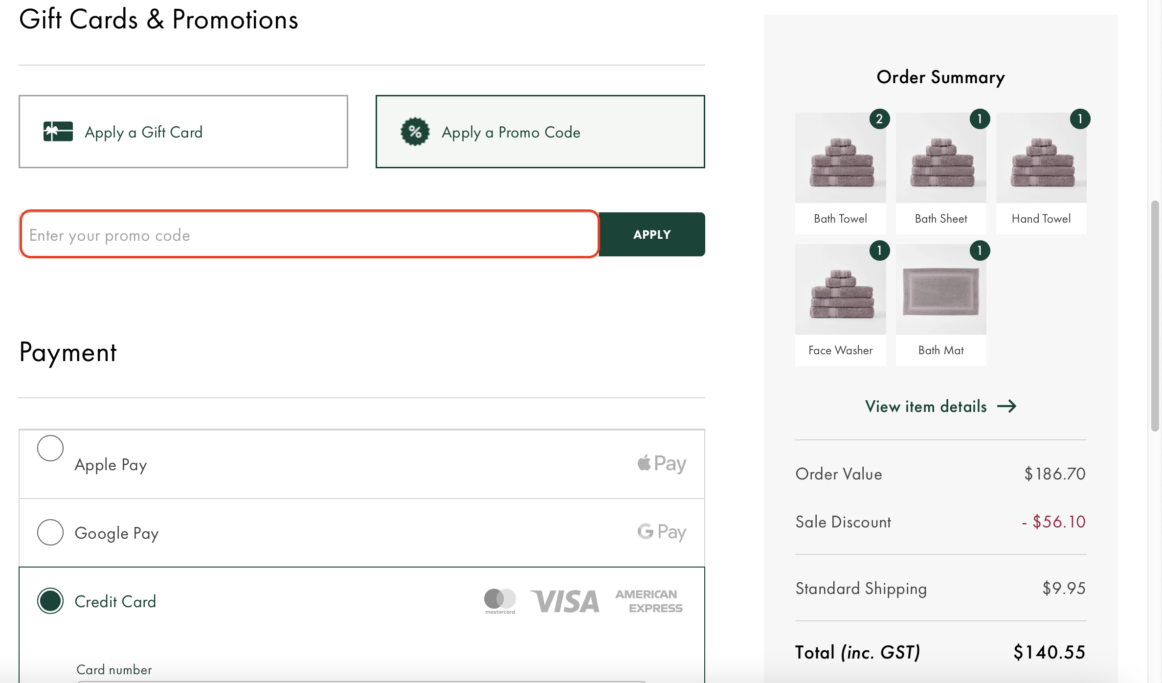 The highlighted red box at the brand checkout page is showing where to add the Bed Bath N' Table discount code.