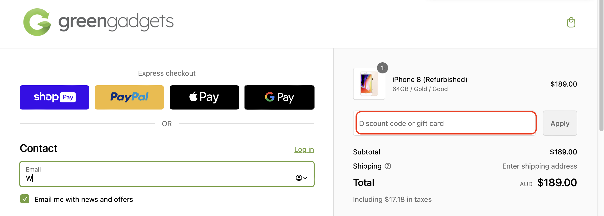 The highlighted red box at the brand checkout page is showing where to add the Green Gadgets promo code.