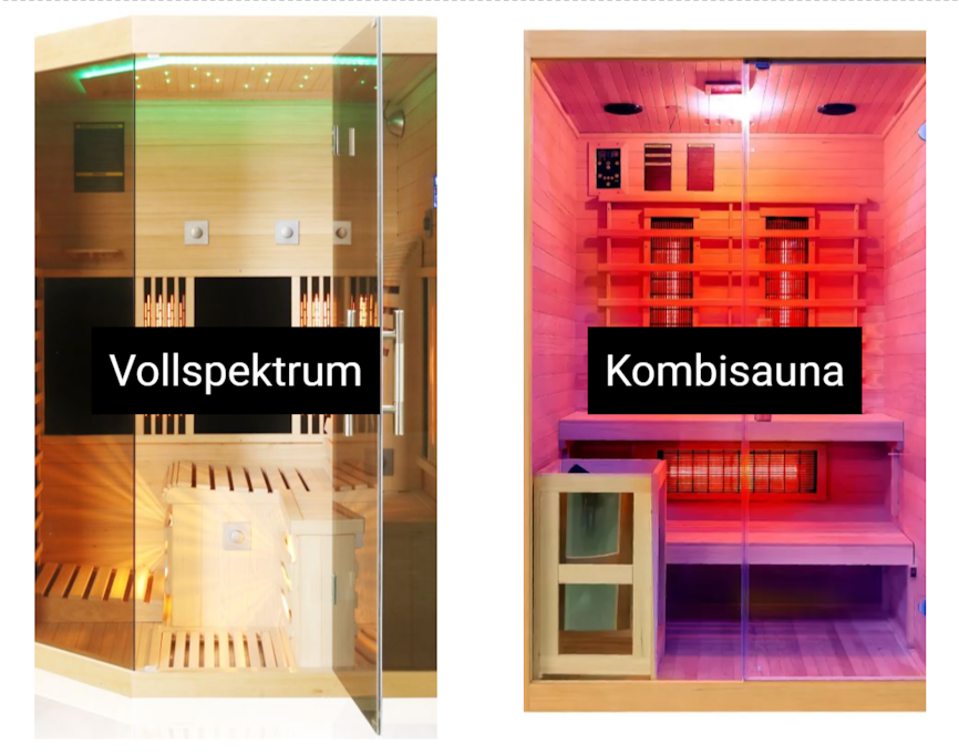 Zwei Typen einer Infrarotkabine aus Holz mit glühenden bunten Farben