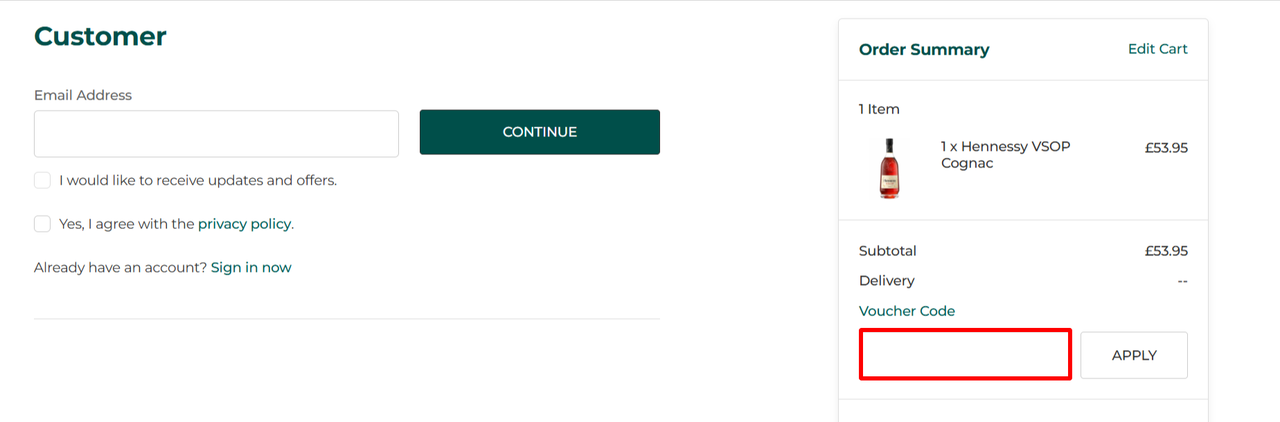 The checkout page showing where to apply your discount code