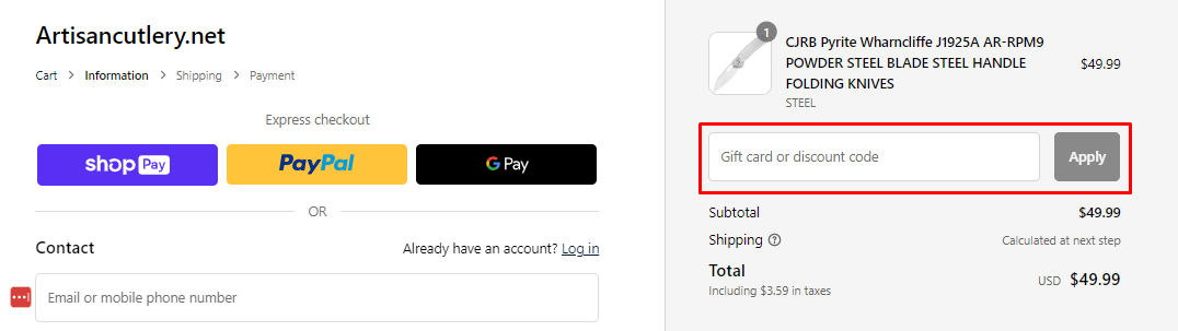 How do I use my Artisan Cutlery discount code?