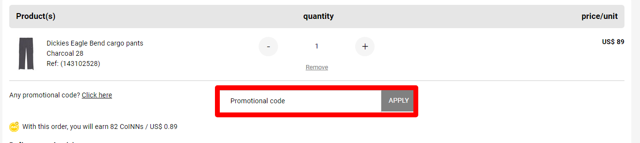 The brand checkout page with where to add the Tradeinn coupon code is highlighted with a red box