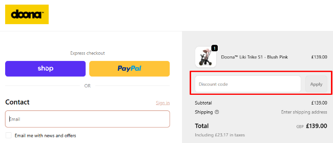 checkout page of the DOONA website with details of payment
