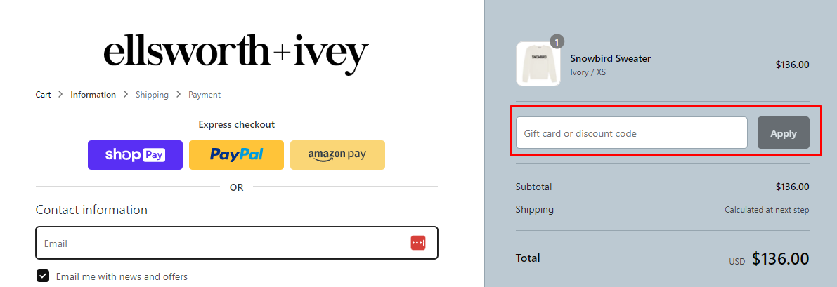 How do I use my Ellsworth & Ivey discount code?