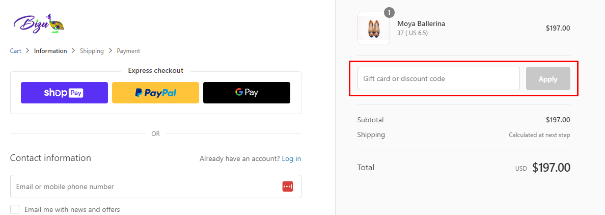 How do I use my Bizu Shoes discount code?