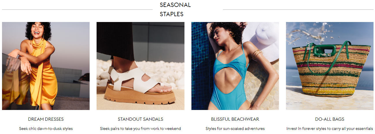 A four-image collage showing popular dresses, sandals, beachwear and bags