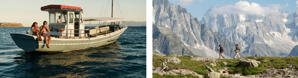 two images show two people eating fruits while sitting on a boat, and the other while people hike