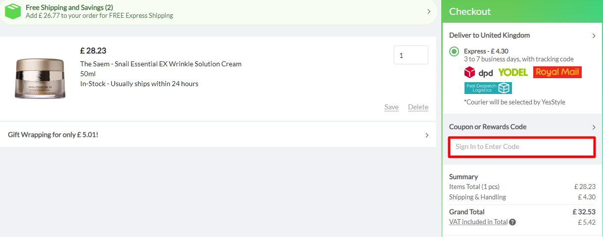 The brand checkout page with where to add the YesStyle voucher code is highlighted with a red box