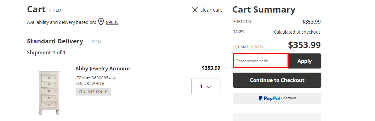 Ashley Homestore promo code place highlighted with a red box on their checkout page