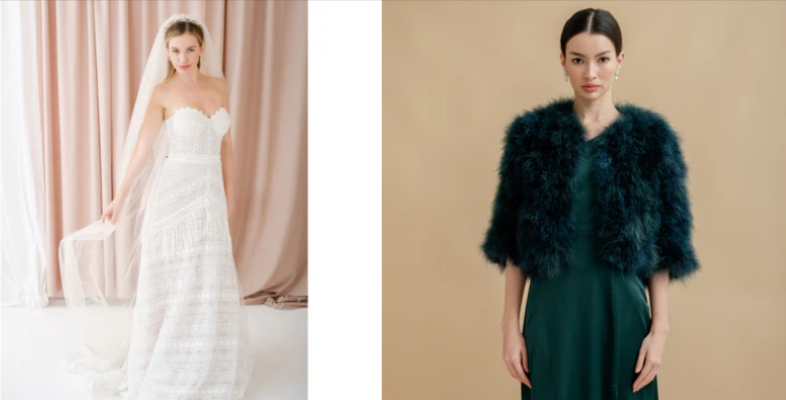 The bridal wedding accessories from Liberty in Love including the emerald green fur coverup