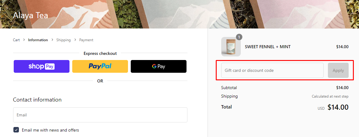 How do I use my Alaya Tea discount code?