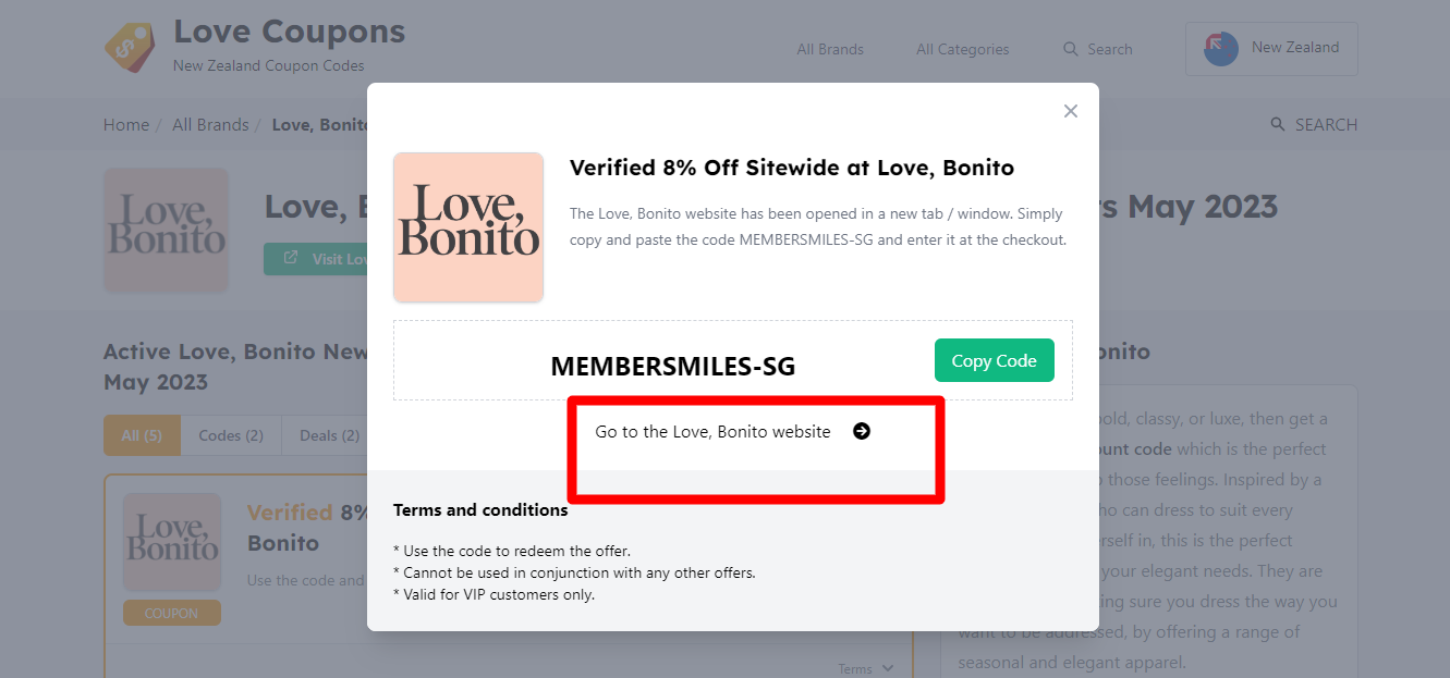 Box displayed on a darkened background of a Love Bonito discount code with the terms and conditions showing