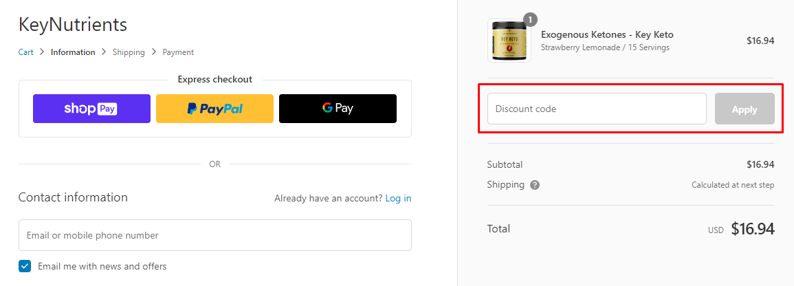 How do I use my Key Nutrients discount code?
