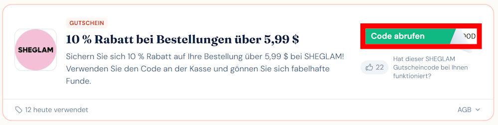 Rabattaktion für SHEGLAM mit rotmarkiertem grünen Buttom