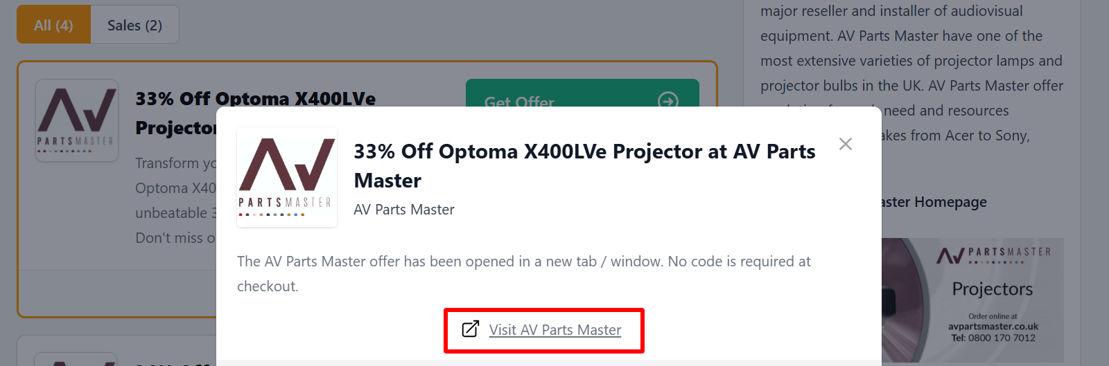 The highlighted red box shows the link that takes you to the AV Parts Master website