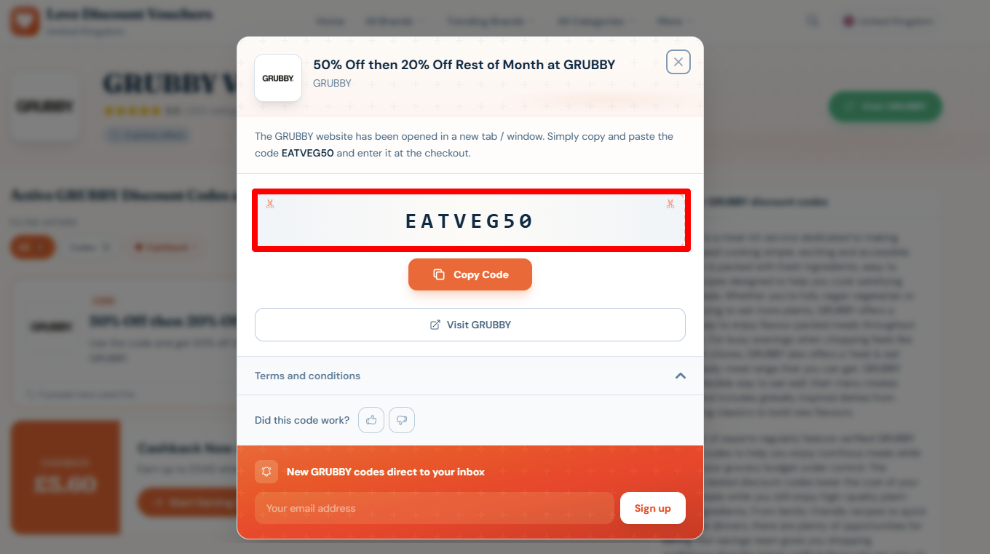 Copy your discount code and visit the GRUBBY website
