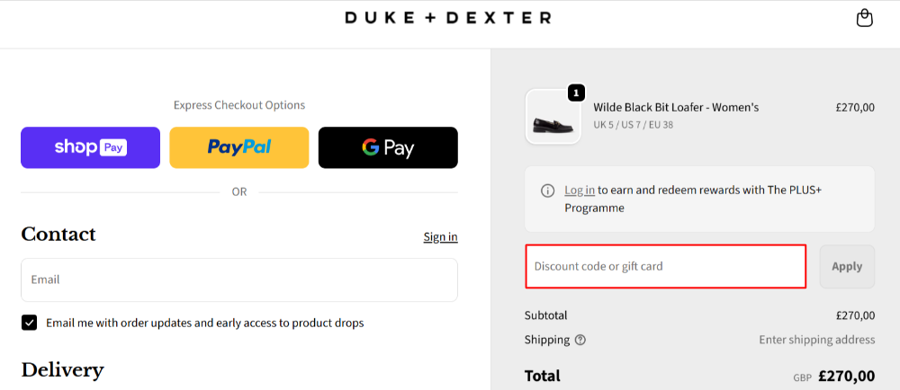 The Duke & Dexter checkout page with where to paste the Duke & Dexter voucher code in a red box