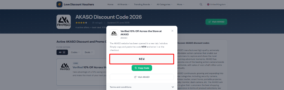 An AKASO promo code on Love Discount Vouchers