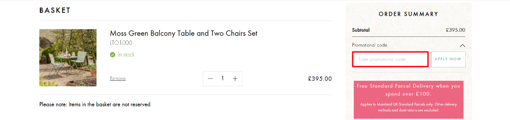 Applying a Graham and Green promo code at checkout to save money