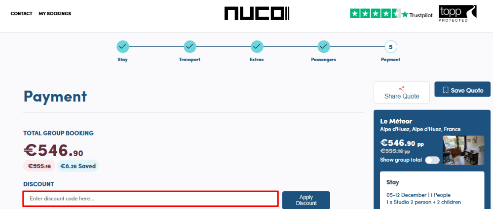 Enter your NUCO Travel discount code into the red box